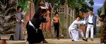 Gordon Liu Chia Hui and Takeshi Yamamoto square off in the battle of swords while Cheng Hong Yip, Manabu Shirai and Tetsu Sumi look on.