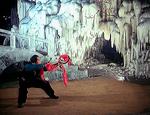 A performer shows the Cow Spear, a classic weapon also known as the Ming Sword or the Deer Hook.