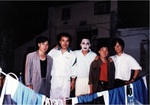 Korean action stars Jang Il-do (aka Bruce Lai) [2nd left], Won Jin [2nd right] and Kwon Seong-yeong [left] visit the set during the filming of Operation Scorpio [1992]